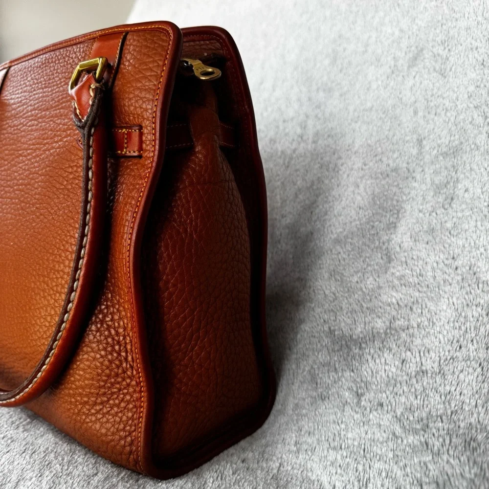 90s VINTAGE Dooney & Bourke Clean AWL Zip Top Satchel British Tan – MADE IN USA - Picture 11 of 16